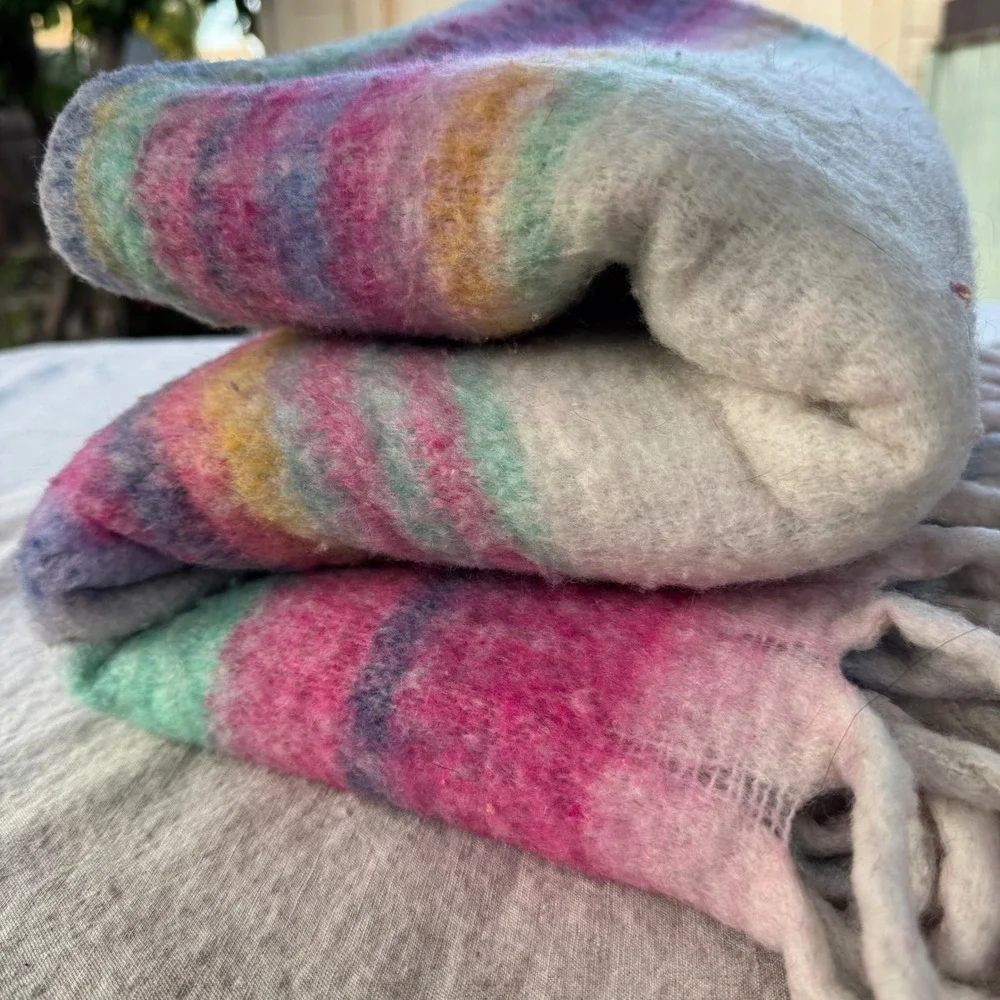Free People Oversized Scarf Rainbow Stripe Pink Blue Boho Fringe Blanket Wrap